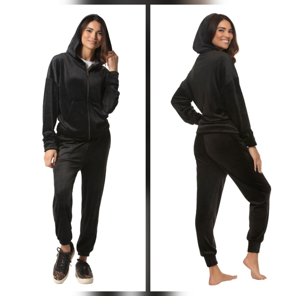 NEW! Felina Black Plush Velour Full Zip Hoodie And Jogger Set Size M